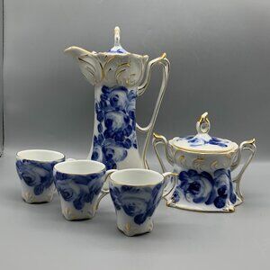 Beautiful Limoges Made in China White with Blue Roses Teapot-Sugar Pot-Cups